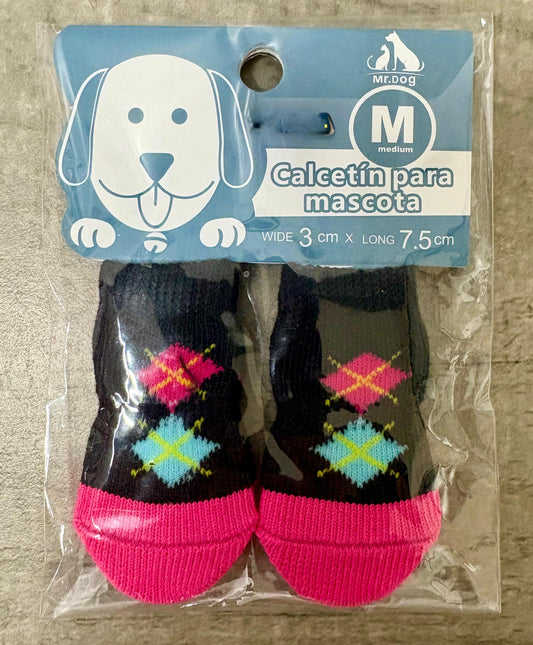 Calcetín para mascota, Caninos y Felinos, Negro y rosa con figuras (1pieza)